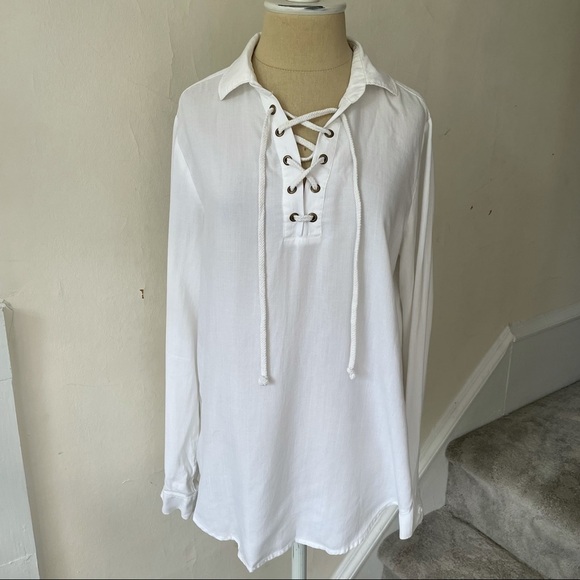 Anthropologie Cloth & Tone Lace Up Tencel Blouse - Picture 4 of 12